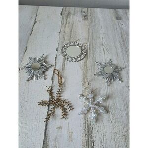 Vintage silver snowflake mirror beaded heart ornament Xmas tree set